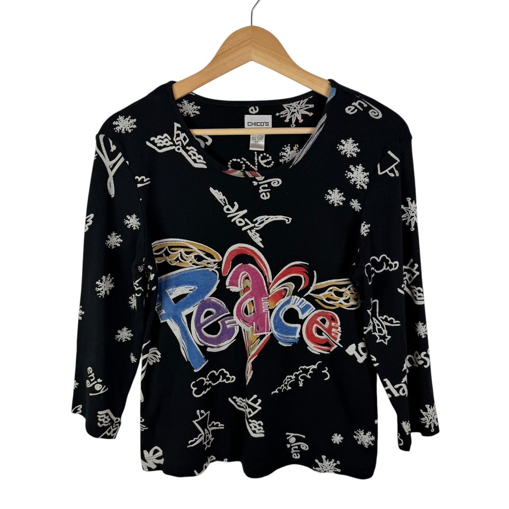 Chicos Graphic Peace Love‎ Happiness Angel Print Top Size 1 Medium Stretch Artsy